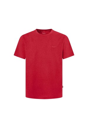 T-shirt rouge à manches courtes en coton avec col rond. Présente un petit logo sur le devant et un ourlet droit.