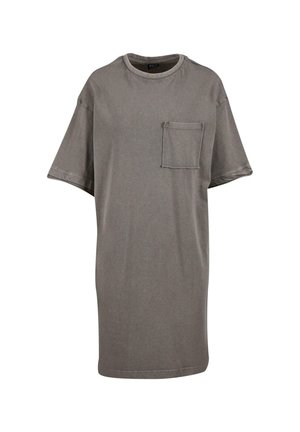 Grå oversized t-shirt i mjuk bomull med rund halsringning, korta ärmar och en bröstficka med fransig kant.
