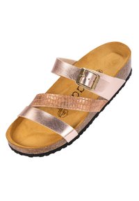 Sandali color oro rosa con due cinturini metallizzati e un accento testurizzato, dotati di una soletta in sughero e suola in gomma nera, progettati per il massimo comfort.