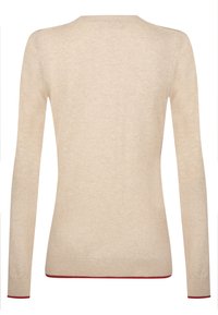 Beige långärmad tröja gjord av mjukt material, med rund halsringning och röda detaljer vid ärmsluten och fåll. Slät textur, figurnära design.