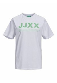 Camiseta de algodón blanca con gran texto verde "JJXX" en el frente, con texto adicional más pequeño debajo. Cuello redondo y mangas cortas.