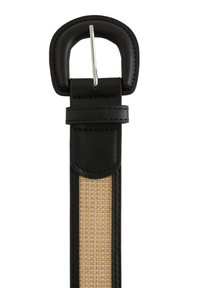 Svart läderbälte med en vävd beige mittdel, med ett fyrkantigt spänne och sömnadsdetaljer längs kanterna.