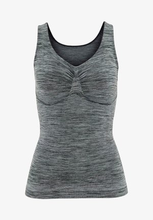 Gray fitness tank top with a textured, ribbed design, featuring a gathered center seam and wide shoulder straps.