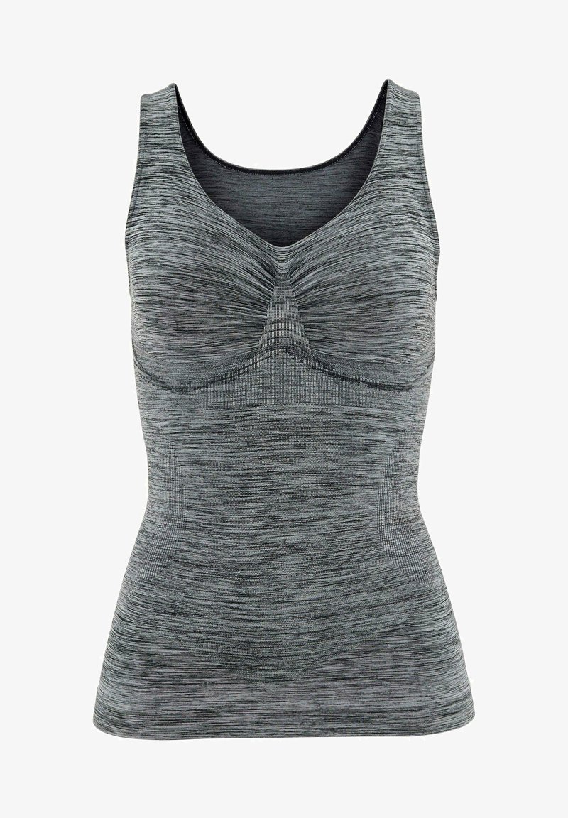 Graues Fitness-Top mit einem strukturierten, gerippten Design, das eine geraffte Mittelnaht und breite Schulterträger aufweist.