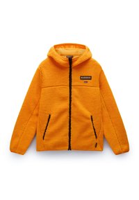 Giacca in fleece arancione con cappuccio. Presenta una chiusura con zip nera, due tasche frontali e un piccolo logo del marchio sul petto. Materiale morbido e texture.