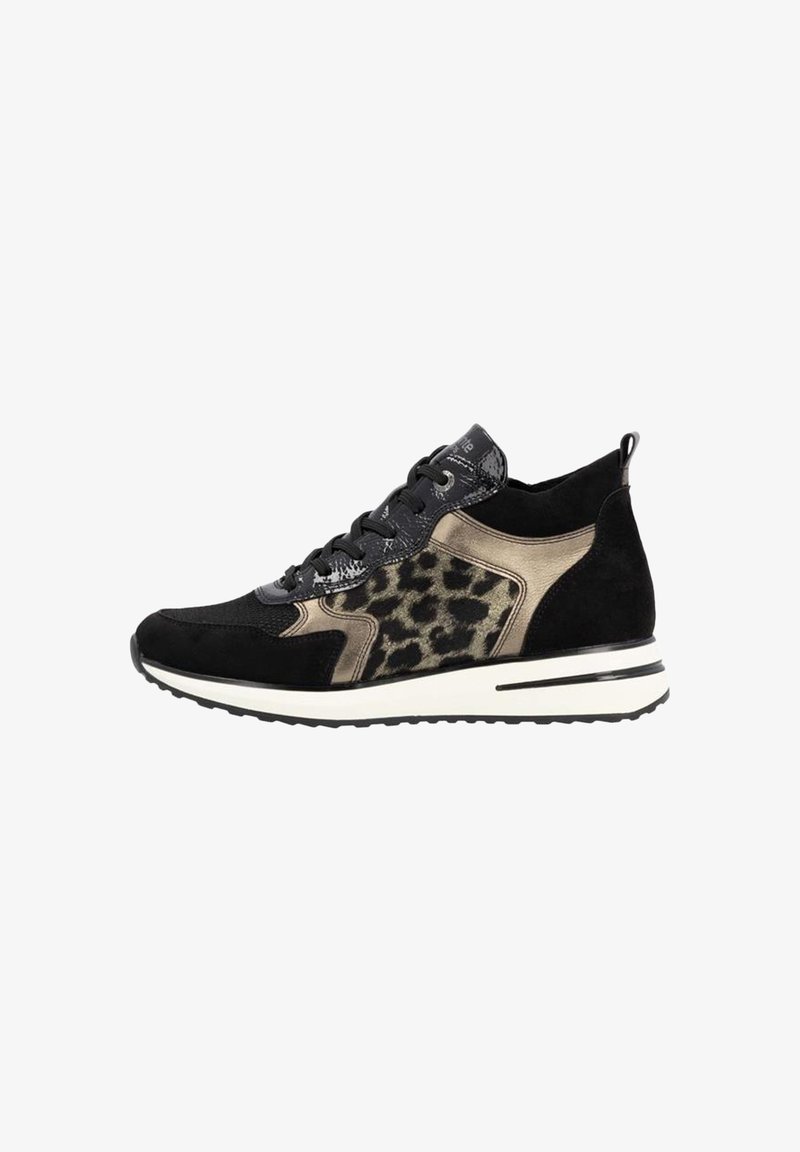 Schwarze und beige Sneaker mit Leopardenmuster, aus Wildleder und Mesh-Materialien, gebogenem Design, Schnürverschluss und gepolsterter Sohle.