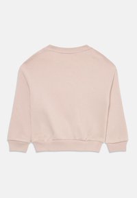 Felpa rosa chiaro con scollatura rotonda, maniche lunghe con polsini e orlo arricciato. Texture liscia, design minimalista e senza motivi.