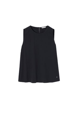 Must suletu särk, mis on valmistatud sujuvast kangast, ümmarguse kaelusega, selja küljes luku ja veidi laieneva silueti ning väikese logoga allservas.