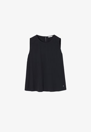 Must suletu särk, mis on valmistatud sujuvast kangast, ümmarguse kaelusega, selja küljes luku ja veidi laieneva silueti ning väikese logoga allservas.