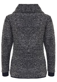 Tummanharmaa neulepaita, jossa on teksturoitu, karheahko kangas, korkea kaulus ja pitkät hihat; jossa on resorit hihansuissa ja helmassa istuvuutta varten.