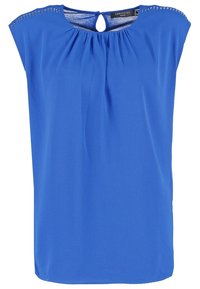 Top blu corto a maniche corte realizzato in tessuto morbido. Presenta un collo rotondo con un'apertura a forma di chiave e borchie decorative lungo le spalle.