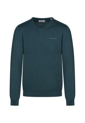 Pull vert foncé à col en V avec manches longues et poignets côtelés, arborant un petit logo "TEDDY SMITH" sur la poitrine gauche.