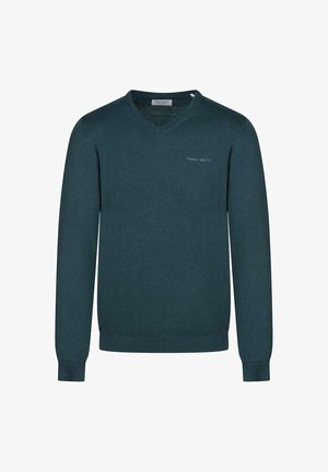 Pull vert foncé à col en V avec manches longues et poignets côtelés, arborant un petit logo "TEDDY SMITH" sur la poitrine gauche.