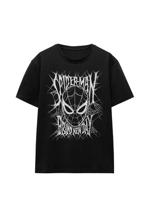 Black short-sleeve T-shirt with a white spider web design and stylized eyes, featuring the text "Spiderman Brand New Day" in web-like font.