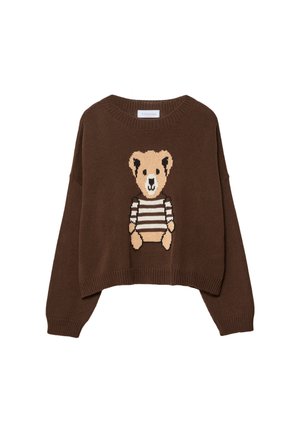 Pull en tricot marron avec un ours en peluche portant une chemise rayée tricotée sur le devant, avec un col rond et des manches longues.