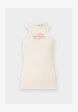 Ribota, bez piedurknēm, gaiši bežā krāsā ar sarkano "REPLAY Monte Carlo Country Club" logo. Iezīmē augstu apkakli un unikālu plecu dizainu.