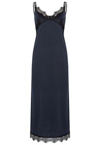 Námořnické saténové šaty na ramínka s krajkovým lemem u výstřihu a na spodním okraji. Nastavitelná ramínka, hladký povrch a dlouhá délka.