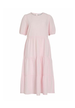 Hele roosa, lühikeste varrukatega, astmelise lõikega midi kleit, ümar kaelusega ja tagumise nööpide kinnitusega.