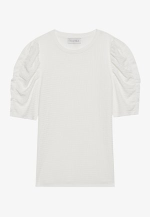 Valge lühikeste varrukatega särk, millel on tekstureeritud kangas ja kogutud puhvvarrukad. Ümar kaelus ja sirge alumine äär, loodud mugavaks istuvuseks.