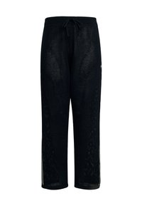 Čierne sieťované nohavice s elastickým pásom a šnúrkou, s bočnými rozparkami a voľným strihom. Vyrobené z priedušnej tkaniny, vhodné na každodenné nosenie.