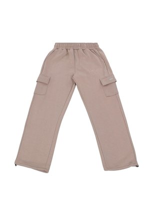 Beige Cargohosen mit einem elastischen Bund, zwei Seitentaschen und zusätzlichen Cargotaschen, aus einem weichen Stoff gefertigt. Mit Reißverschluss am Saum.