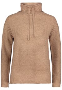 Beige stickad tröja med hög hals, dragsko-detalj och ribbad textur; har långa ärmar och en avslappnad passform.