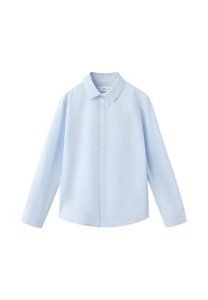 Chemise bleu clair boutonnée avec col, manches longues et coupe décontractée. Fabriquée en tissu lisse à la texture unie.