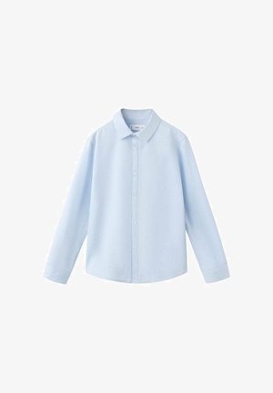 Svetlomodrá košeľa na gombíky s golierom, dlhými rukávmi a voľným strihom. Vyrobená z hladkej látky s jednofarebnou textúrou.
