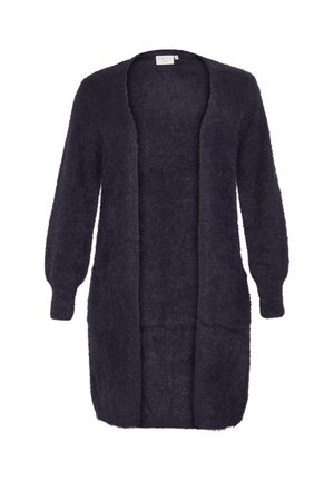 Ilga, atvira švarkinė striukė tamsiai mėlyna, pagaminta iš minkštos, tekstūruotos medžiagos. Turi ilgas rankoves ir dvi priekines kišenes.