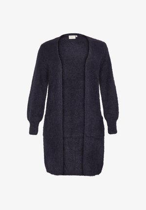 Lång, öppen cardigan i mörk marinblå, tillverkad av mjukt, strukturerat material. Har långa ärmar och två framfickor.