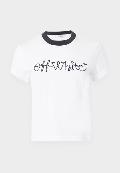 T-shirt en coton blanc à manches courtes, avec un col côtelé noir et le logo "Off-White" brodé en noir sur le devant.