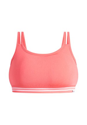 Korallenfarbener Sport-BH mit dünnen Trägern, glattem Stoff und einem dehnbaren, gestreiften Bund am unteren Rand. Kein sichtbares Polster oder Bügel.
