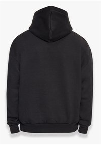 Schwarze Kapuzensweatjacke aus weichem Material. Hat einen lässigen Schnitt, lange Ärmel und gerippte Bündchen mit einem engen Saum.