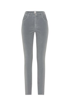 Grå skinny jeans med en glat tekstur, høj talje, frontlommer og knaplukning. Minimal syningsdetalje på sømmene.