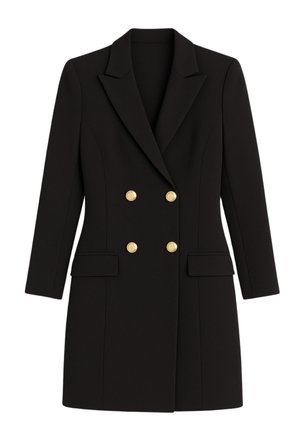 Blazer nero doppiopetto in tessuto liscio, con bottoni color oro, rever a lancia e due tasche frontali.