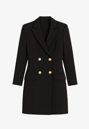 Blazer nero doppiopetto in tessuto liscio, con bottoni color oro, rever a lancia e due tasche frontali.