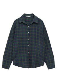 Chemise boutonnée à motif écossais vert avec des accents bleus, rouges et violets. Elle présente un col classique et des manches longues avec des poignets à boutons.