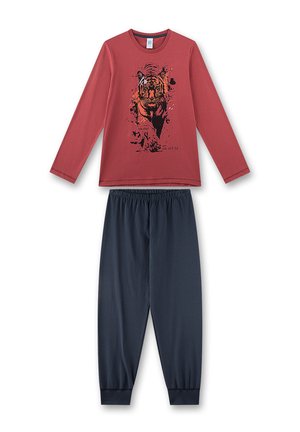 Two-piece children's pajama set with long-sleeve rust red top featuring a walking tiger graphic and navy blue elastic waist pants.
