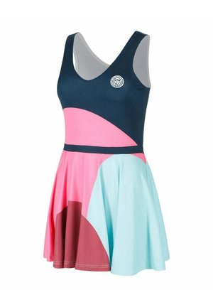 Vestido sin mangas con parte superior ajustada en azul marino, bloques de color abstractos en rosa, granate y azul claro, y falda acampanada debajo de una cintura definida.