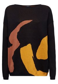 Svart tröja med abstrakta mönster i brunt och gult. Den har en vid halsringning, långa ärmar och en avslappnad passform. Strukturstickad tyg.