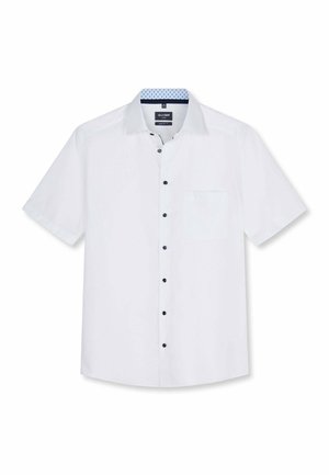 Wit overhemd met korte mouwen en marineblauwe knopen, een borstzakje en een patroon aan de binnenkraag.