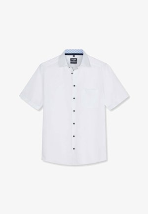 Weißes Kurzarmhemd mit marineblauen Knöpfen, einer einzelnen Brusttasche und gemustertem innerem Kragen.