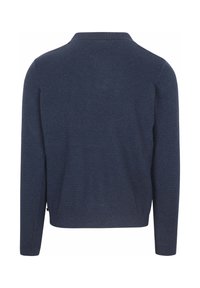 Gebreide trui in donkerblauw met een textuurpatroon, lange mouwen en een kraag. Ribgebreide onderkant en manchetten, met zij-splitten.