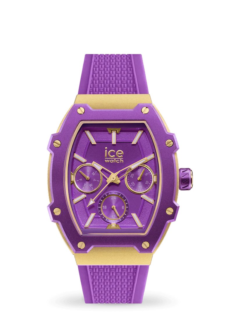 Lila Silikon-Uhr mit goldenen Akzenten, sechseckigem Gehäuse, strukturiertem Armband, drei kleinen Zifferblättern und dem deutlich sichtbaren Markennamen "ice watch".