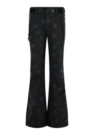 Sorte flagrende bukser med stjernemønster, lavet af et glat stof. Har lynlås-lommer i siderne og en knaplukning i taljen.