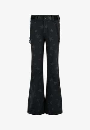 Juodos plačios kelnės su žvaigždžių raštu, pagamintos iš glotnios medžiagos. Yra su užtrauktuko šoninėmis kišenėmis ir sagos uždarymu juosmens lygyje.