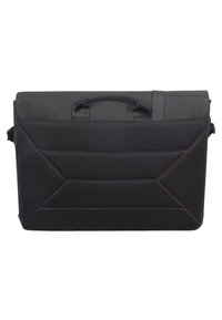 Musta suorakaiteen muotoinen kannettavan tietokoneen laukku, jossa on pehmustettu verkkoselkä, kahva ylhäällä ja huomaamaton punainen tikkaus yhdessä kulmassa.