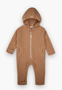 Brun ullfleece jumpsuit til småbarn med glidelås foran, hette og runde sidelommer. Har kontrastfarge langs mansjettene og lommene.