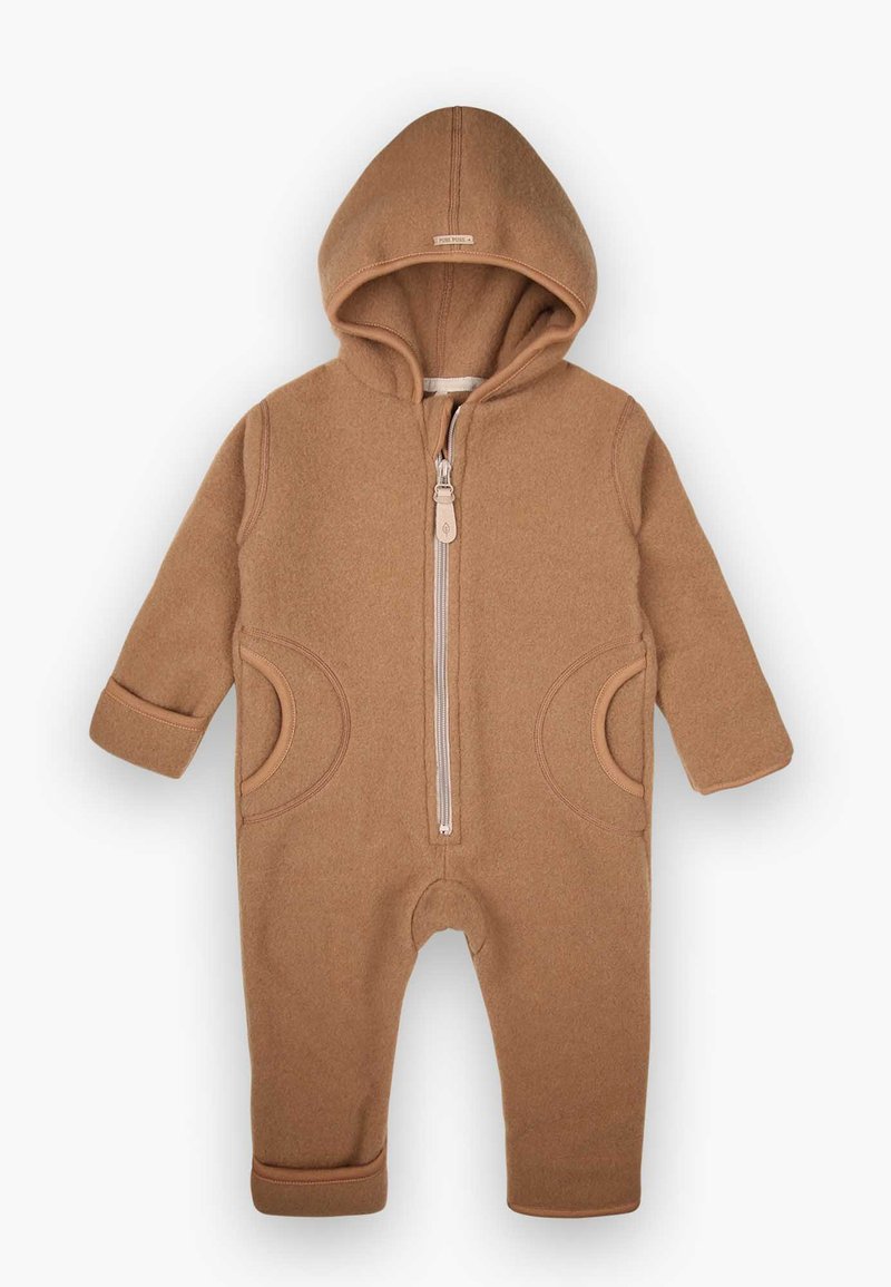 Brun ullfleece jumpsuit til småbarn med glidelås foran, hette og runde sidelommer. Har kontrastfarge langs mansjettene og lommene.