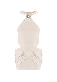 Beige sleeveless halter top with ruched sides and decorative silver ring at the neckline, fitted style.